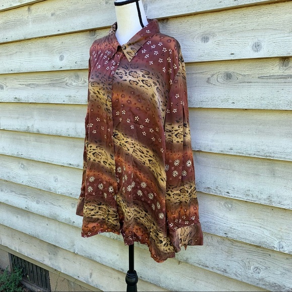 Vintage 90s Bob Mackie Silk Floral Leopard Print Button Down Long Sleeve Shirt - Picture 2 of 16